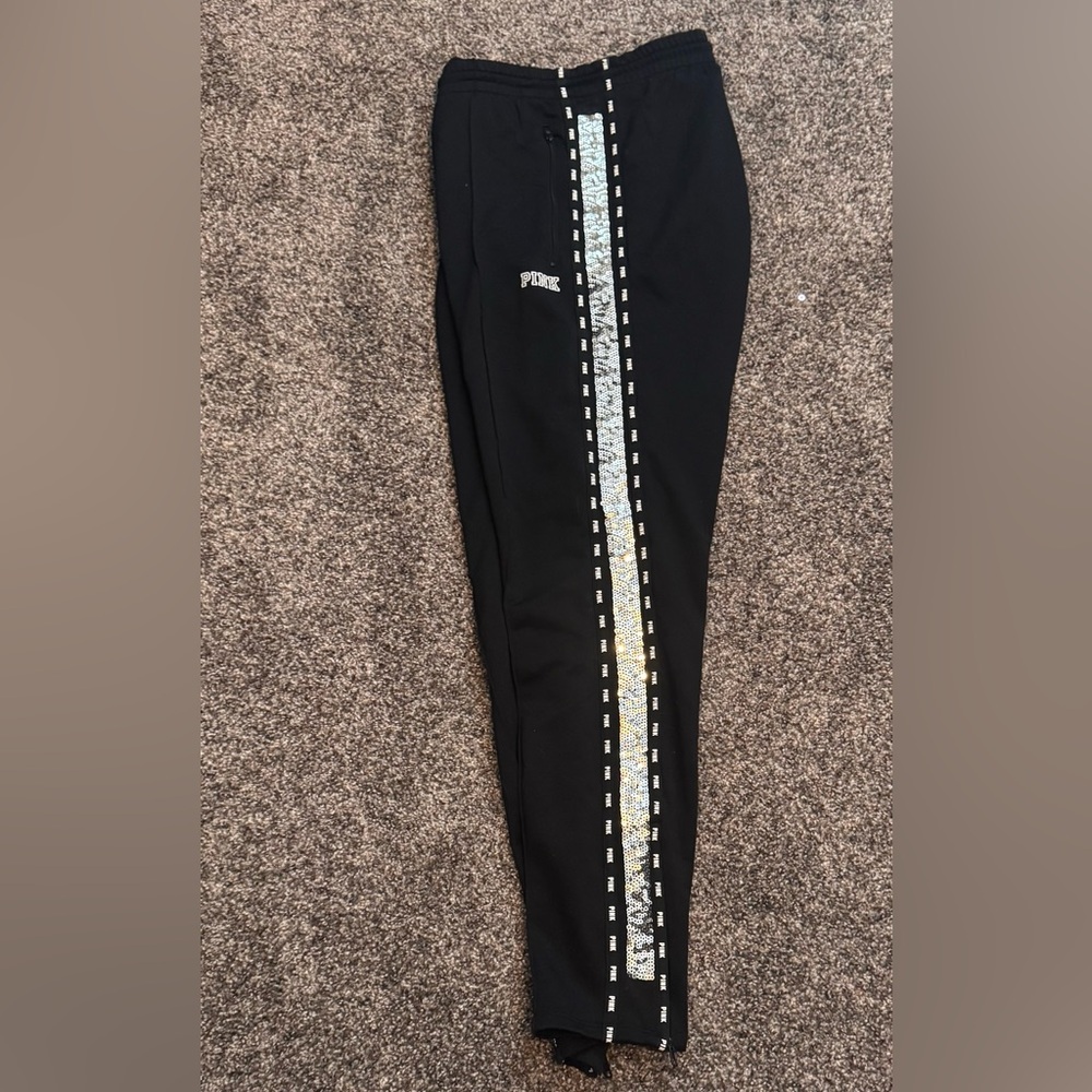 VICTORIAS SECRET PINK SEQUIN JOGGERS BLACK SZ LARGE